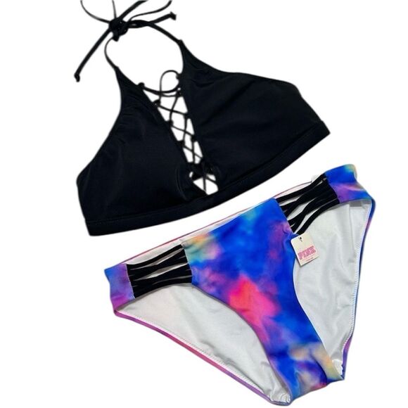 VICTORIA’S SECRET PINK STRAPPY CRISSCROSS HALTER TOP & TIE DYE BIKINI BOTTOM S - Picture 1 of 8